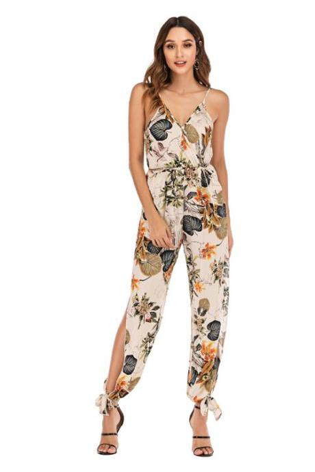 Women Jumpsuit V Neck Spaghetti Strap Sleeveless Casual Summer Long Pants Rompers floral white
