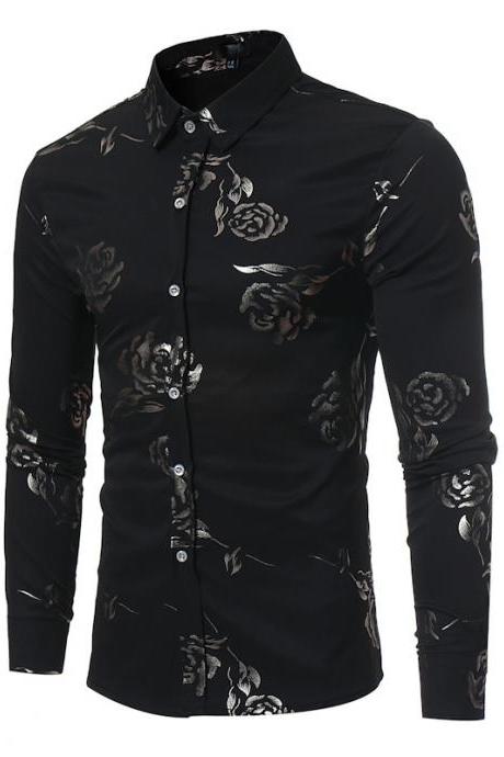 Men Rose Printed Shirt Single Breasted Long Sleeve Casual Slim Fit Male Top Shirt black