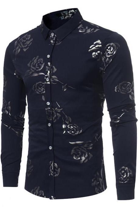 Men Rose Printed Shirt Single Breasted Long Sleeve Casual Slim Fit Male Top Shirt navy blue