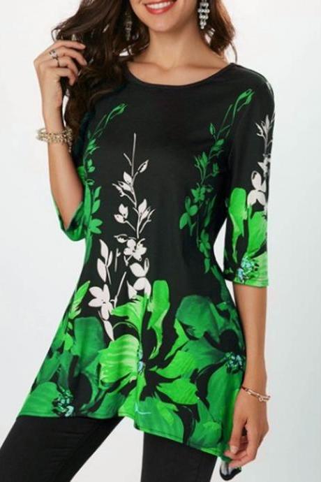 Women Floral Printed T Shirt Half Sleeve O-neck Casual Plus Size Asymmetrical Tops Green