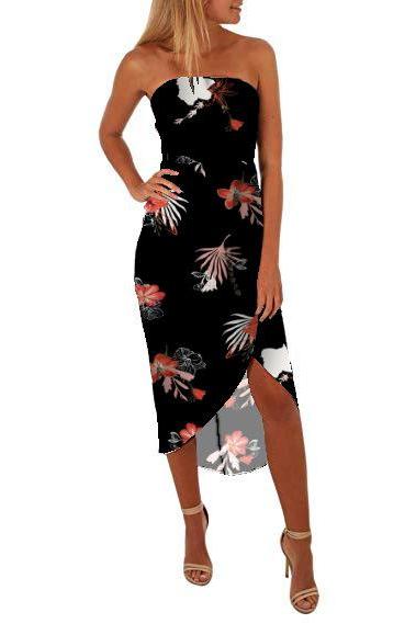 Women Floral Printed Dress Strapless Casual Backless Summer Beach Boho Asymmetrical Midi Dressblack 