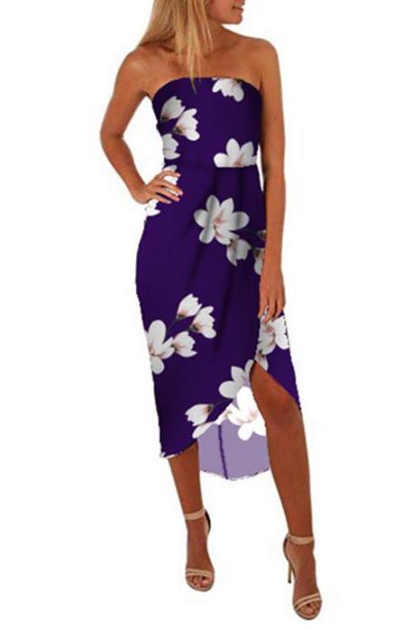 Women Floral Printed Dress Strapless Casual Backless Summer Beach Boho Asymmetrical Midi Dress purple