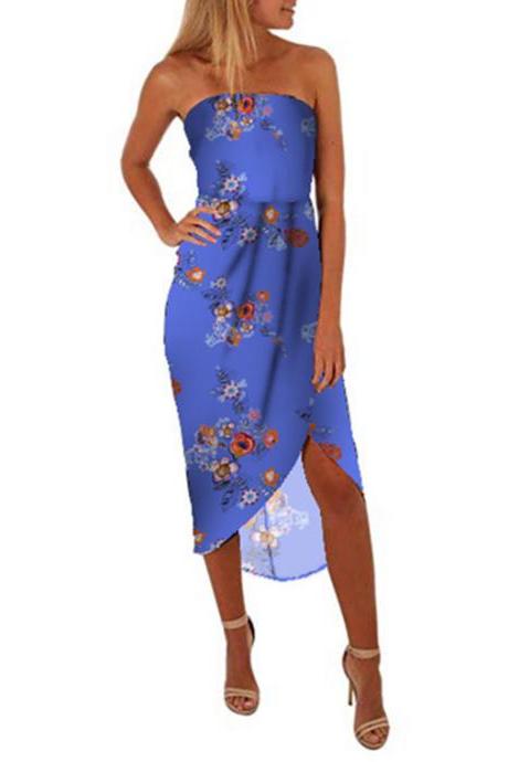  Women Floral Printed Dress Strapless Casual Backless Summer Beach Boho Asymmetrical Midi Dress sky blue