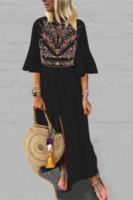 Women Maxi Dress Floral Printed Patchwork Ruffle Half Sleeve Casual Split Summer Beach Boho Long Dress black