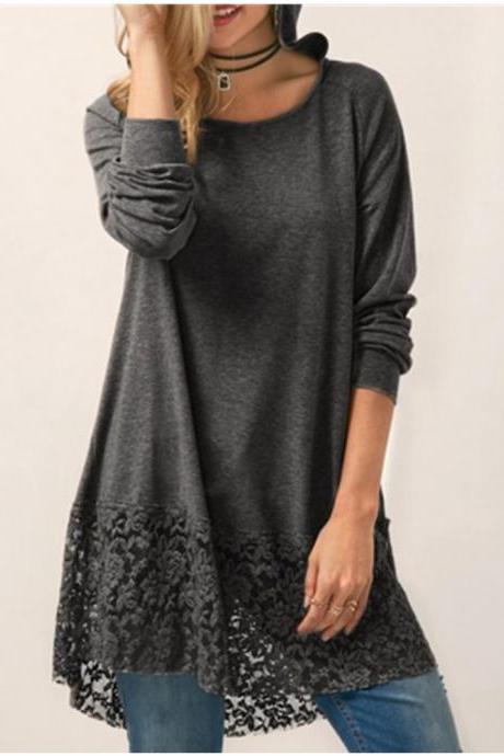 Women Long Sleeve T Shirt Casual Loose Lace Patchwork Hooded Plus Size Pullover Tops Dark Gray