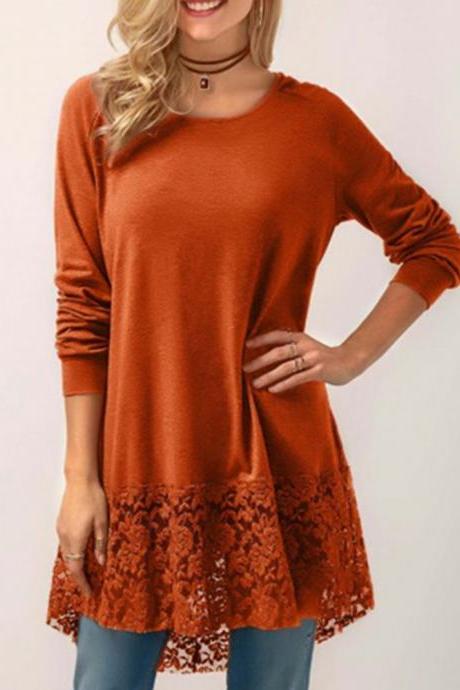 Women Long Sleeve T Shirt Casual Loose Lace Patchwork Hooded Plus Size Pullover Tops orange
