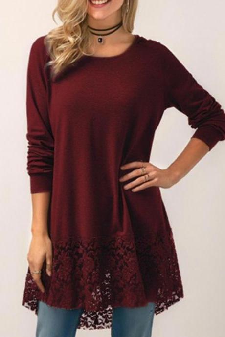  Women Long Sleeve T Shirt Casual Loose Lace Patchwork Hooded Plus Size Pullover Tops wine red