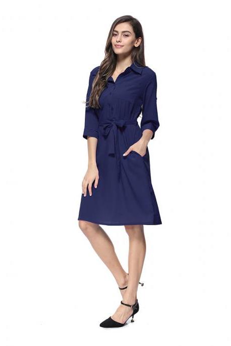 Women Shirt Dress Turn Down Collar 3/4 Sleeve Belted Casual Work Office Midi Dress navy blue