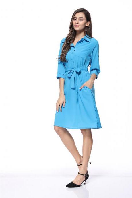 Women Shirt Dress Turn Down Collar 3/4 Sleeve Belted Casual Work Office Midi Dress sky blue
