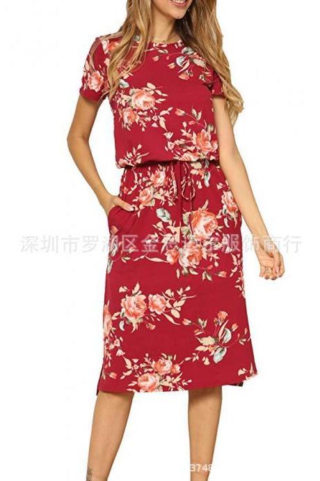  Women Floral Printed Dress Short Sleeve Drawstring Waist Casual Boho Summer Beach Midi Dress red