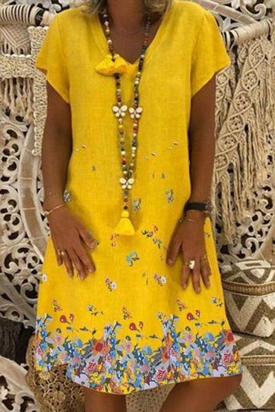 Women Casual Dress Summer V-Neck Short Sleeve Floral Printed Plus Size Loose A-Line Dress yellow