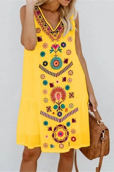  Women Casual Dress Summer V-Neck Sleeveless Floral Printed Plus Size Boho Beach Loose A-Line Sundress yellow