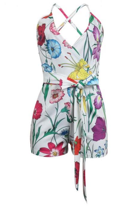 Women Jumpsuit Floral Printed V-Neck Sleeveless Summer Beach Playsuit Bodycon Rompers white