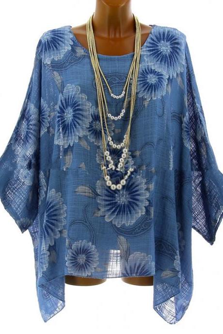 Women Floral Printed T Shirt Summer 3/4 Sleeve Casual Loose Plus Size Asymmetrical Tops Blue