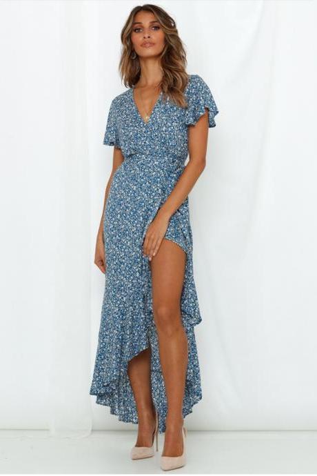 Women Maxi Dress Causal V Neck Short Sleeve Floral Print Boho Summer Beach Long Dress 5#