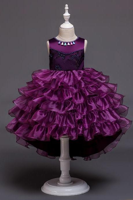 High Low Flower Girl Dress Layered Trailing Tutu Formal Birthday Party Ball Gown Kids Children Clothes purple