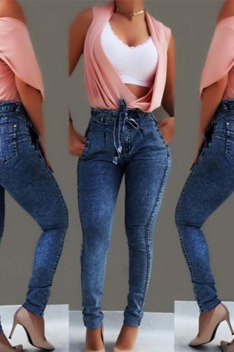 Women Jeans High Waist Bodycon Tassel Belted Bandage Slim Skinny Denim Pants dark blue