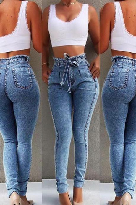  Women Jeans High Waist Bodycon Tassel Belted Bandage Slim Skinny Denim Pants light blue