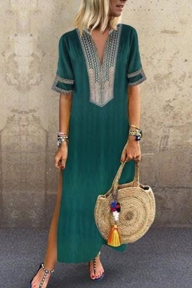 Women Maxi Dress Casual V Neck Short Sleeve Split Summer Boho Beach Holiday Long Dress green