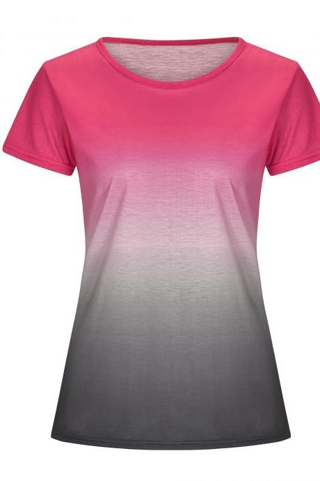 Women Rainbow Gradient Color T Shirt Summer Short Sleeve Basic Casual Loose Plus Size Tee Tops Hot Pink