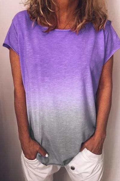 Women Rainbow Gradient Color T Shirt Summer Short Sleeve Basic Casual Loose Plus Size Tee Tops Purple