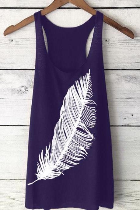 Women Tank Top Feather Printed Summer Casual Loose O-Neck Sleeveless T Shirt purple
