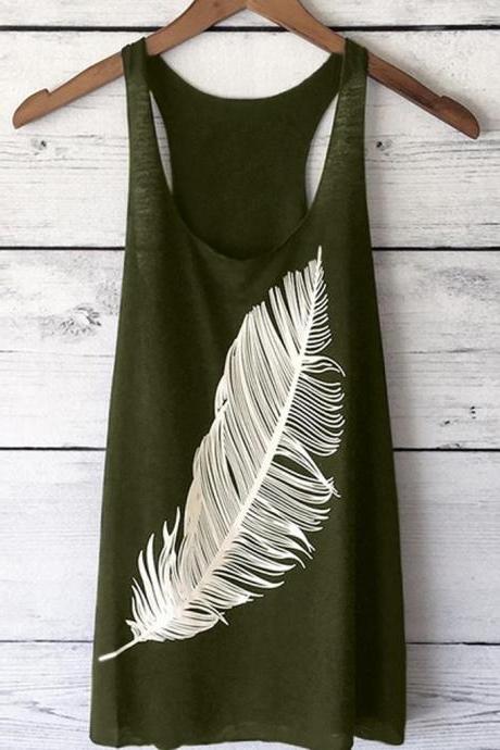 Women Tank Top Feather Printed Summer Casual Loose O-neck Sleeveless T Shirt Army Green