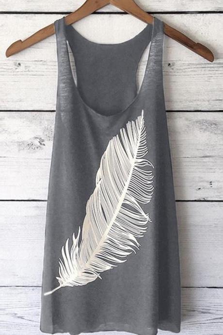 Women Tank Top Feather Printed Summer Casual Loose O-Neck Sleeveless T Shirt gray