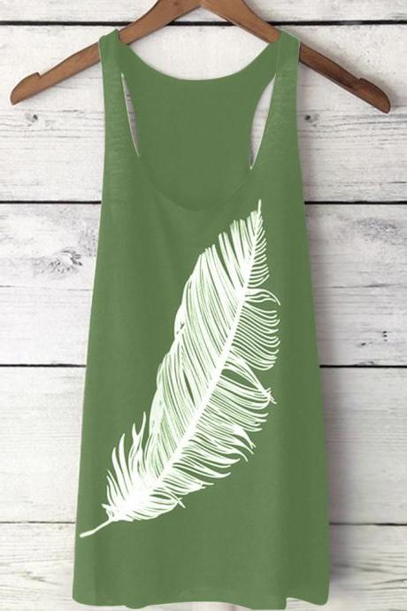 Women Tank Top Feather Printed Summer Casual Loose O-Neck Sleeveless T Shirt green