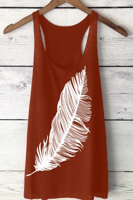 Women Tank Top Feather Printed Summer Casual Loose O-Neck Sleeveless T Shirt orange red