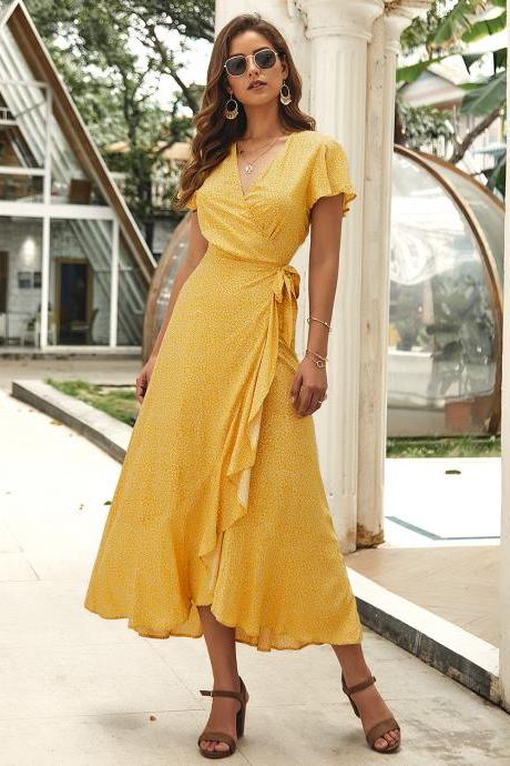 Women Floral Printed Dress Summer V Neck Short Sleeve Boho Beach Wrap Asymmetrical Dress yellow