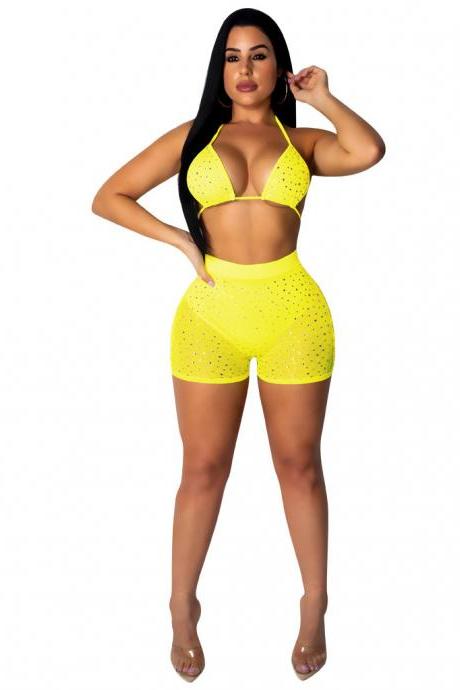 Women Two Piece Sets Bra Top + Shorts Sheer Mesh Diamonds Night Club Party Outfits yellow