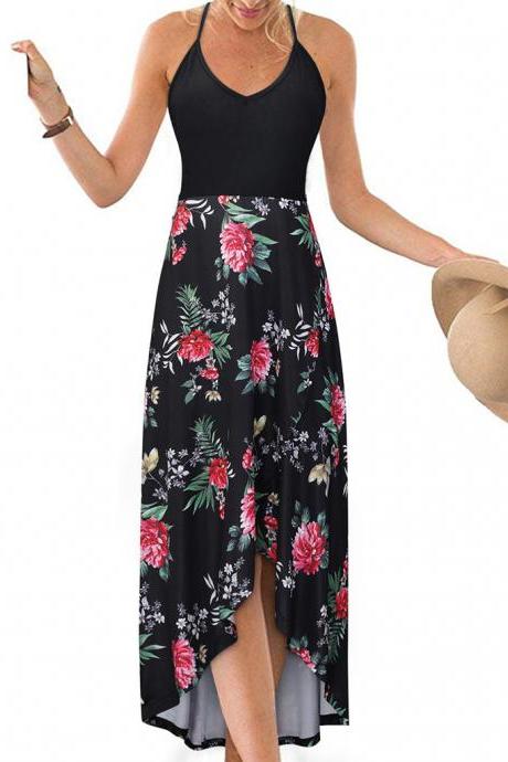 Women Floral Printed Maxi Dress V Neck Sleeveless Casual Summer Beach Boho Asymmetrical Dress 2#