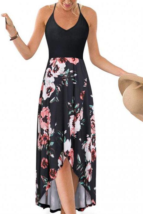 Women Floral Printed Maxi Dress V Neck Sleeveless Casual Summer Beach Boho Asymmetrical Dress 3#