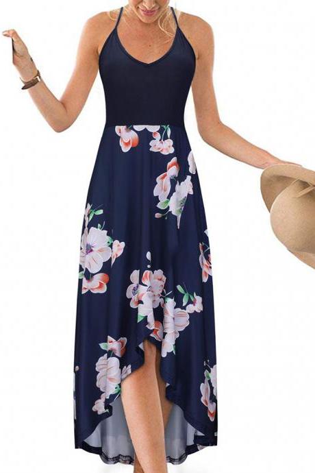 Women Floral Printed Maxi Dress V Neck Sleeveless Casual Summer Beach Boho Asymmetrical Dress 6#