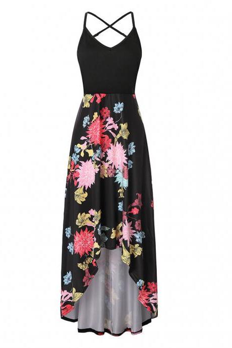 Women Floral Printed Maxi Dress V Neck Sleeveless Casual Summer Beach Boho Asymmetrical Dress 12#
