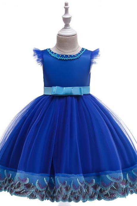 Embroidery Flower Girl Dress Princess Birthday Formal Tutu Party Gown Children Kids Clothes royal blue