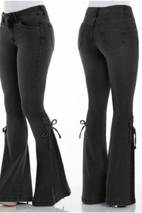 Women Flare Jeans Bandage Mid Waist Casual Streetwear Skinny Long Denim Pants black