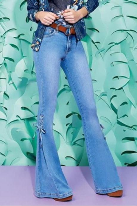 Women Flare Jeans Bandage Mid Waist Casual Streetwear Skinny Long Denim Pants dark blue