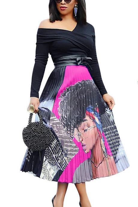 Women Pleated Skirt High Waist Vintage Cartoon Printed Mid-calf Casual Midi Skirt 7#