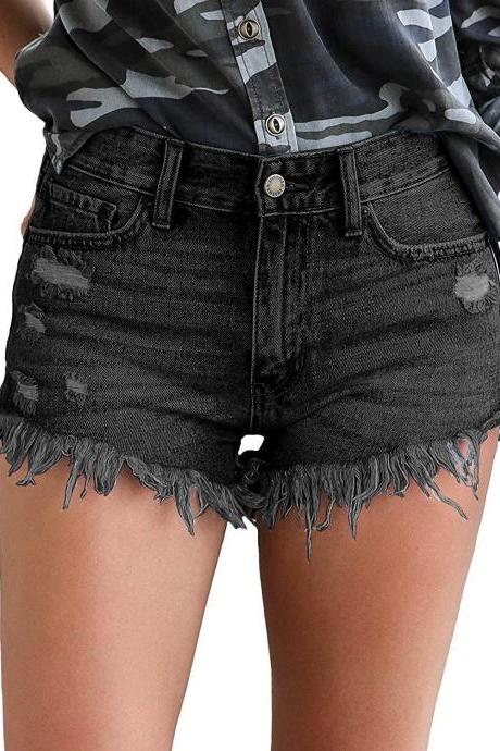 Women Denim Shorts Casual Summer Mid Waist Ripped Tassel Pockets Jean Shorts 666-Black