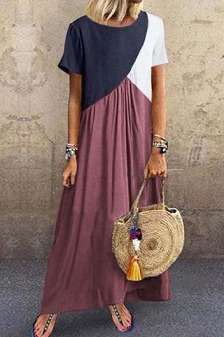  Women Maxi Dress Contrast Color Patchwork Short Sleeve Causal Plus Size Loose Long Dress purple