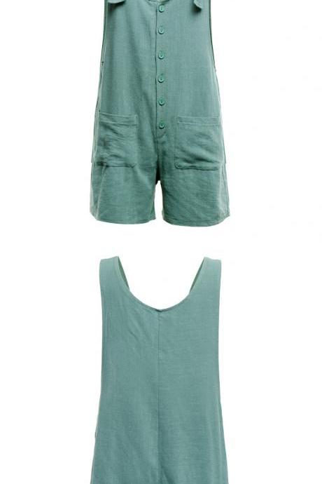  Women Short Jumpsuit Summer Button Pocket Casual Loose Cotton Linen Playsuit Overalls turquoise