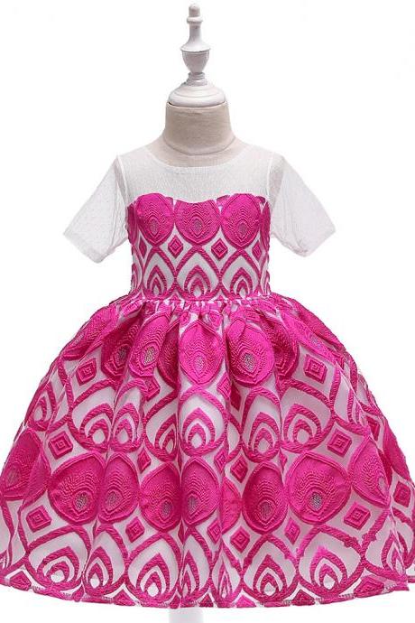 Lace Flower Girl Dress Short Sleeve Formal Party Birthday Tutu Gown Kids Children Clothes hot pink