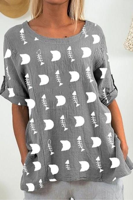 Women T Shirt Fish Bone Printed Short Sleeve Summer Casual Loose Plus Size Tee Tops Gray