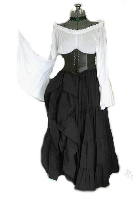 Women Maxi Dress Off Shoulder Flare Sleeve Medieval Costume Halloween Cosplay Victorian Long Dress black