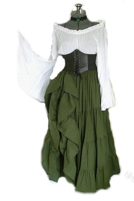 Women Maxi Dress Off Shoulder Flare Sleeve Medieval Costume Halloween Cosplay Victorian Long Dress green