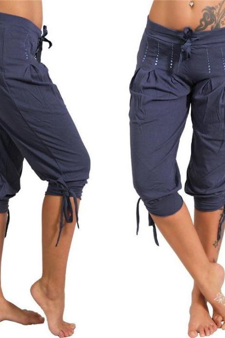 Women Cropped Pants Summer Sequined Bandage Mid Waist Plus Size Casual Trousers navy blue