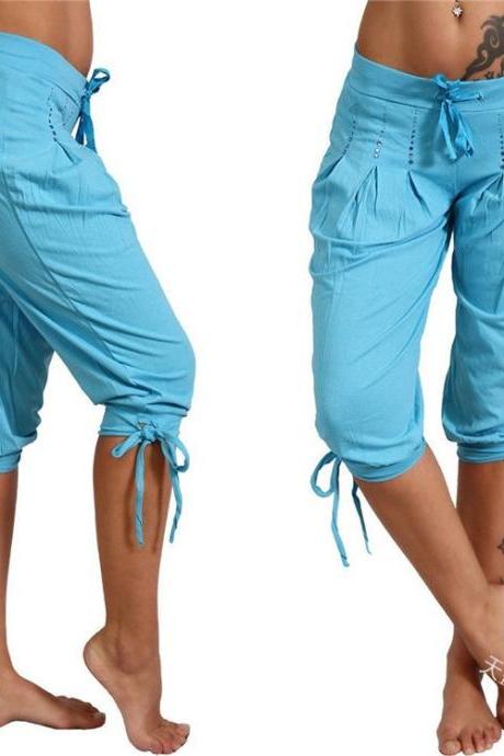 Women Cropped Pants Summer Sequined Bandage Mid Waist Plus Size Casual Trousers Sky Blue