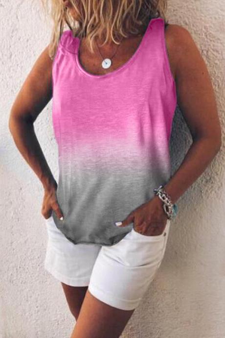 Women Tank Tops Summer Rainbow Gradient Color Vest Top Plus Size Casual Sleeveless T Shirt hot pink